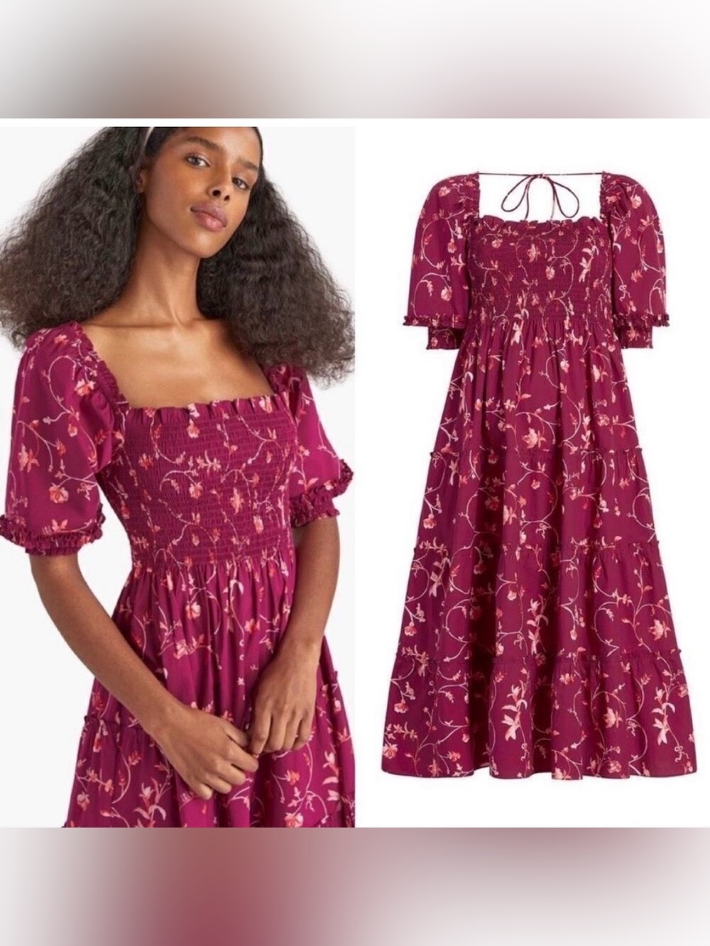 Hill House The Nesli Nap Dress Large Burgundy Botanical Cottagecore Boho
